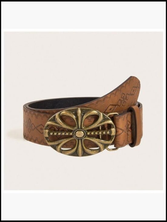Women\'s Retro Western Belt with Metal Buckle in Faux Leather